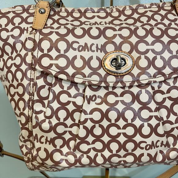 COACH Womens Satchel Shoulder Handbag Purse Signature Coated Canvas Brown Tan - Picture 16 of 16